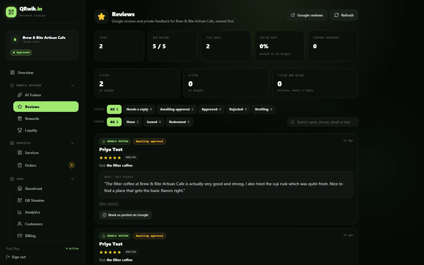 Reviews waiting for approval