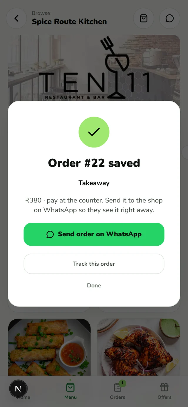 Order saved, ready to send to the shop on WhatsApp